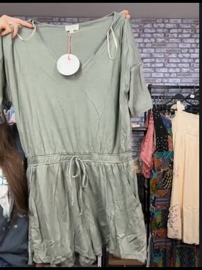 Umgee Sage Green Short Sleeve Drawstring Romper